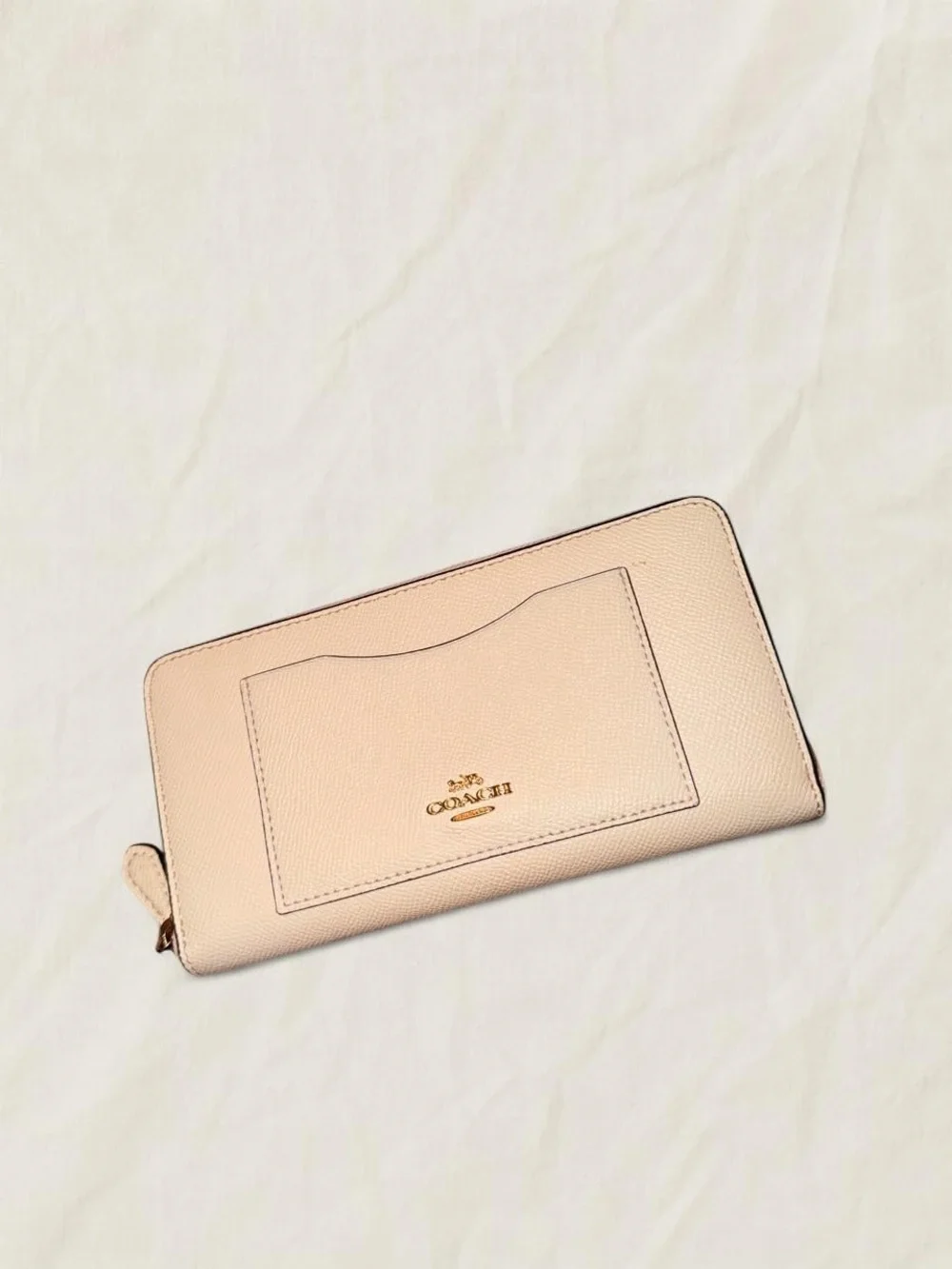 Coach Pebbled Zip Around Wallet in Creme with Gold Logo